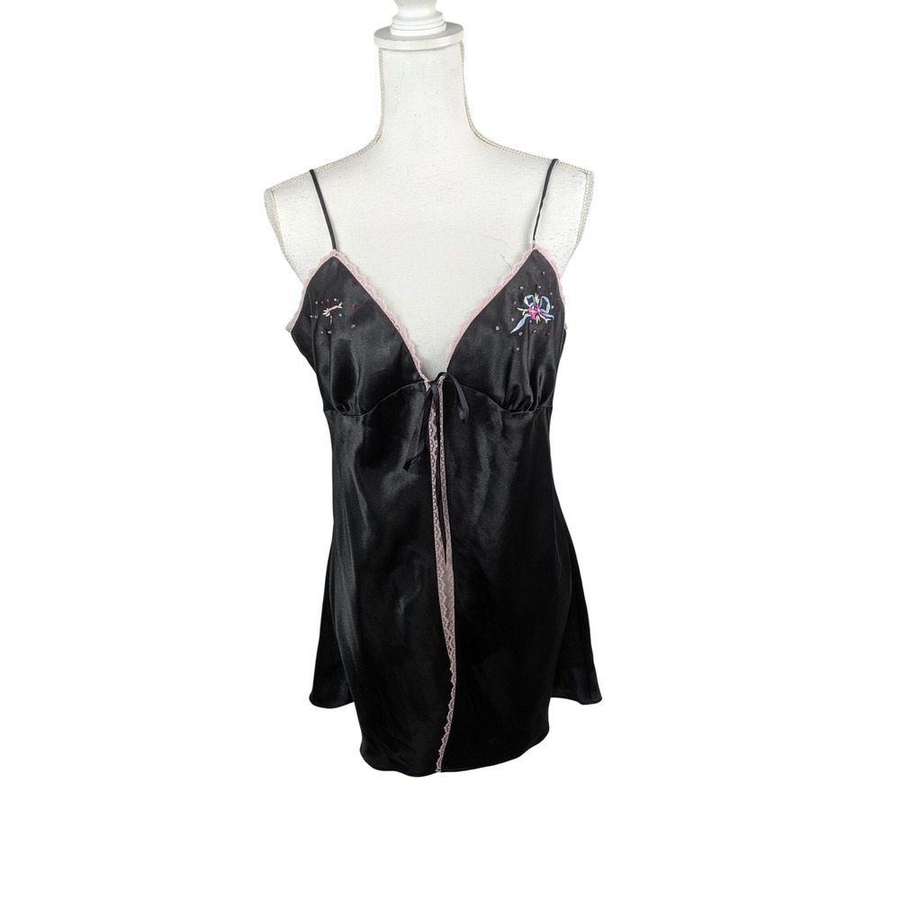 Victoria's Secret Vintage Black Satin Pink Lace Embroidered Chemise Slip Dress L